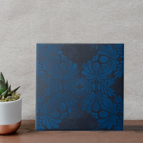 Vintage Symmetrical Dark Blue Floral Pattern Ceramic Tile