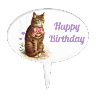 VINTAGE TABBY CAT ART ~ Pink Bow, Cat Lover ~  Cake Topper