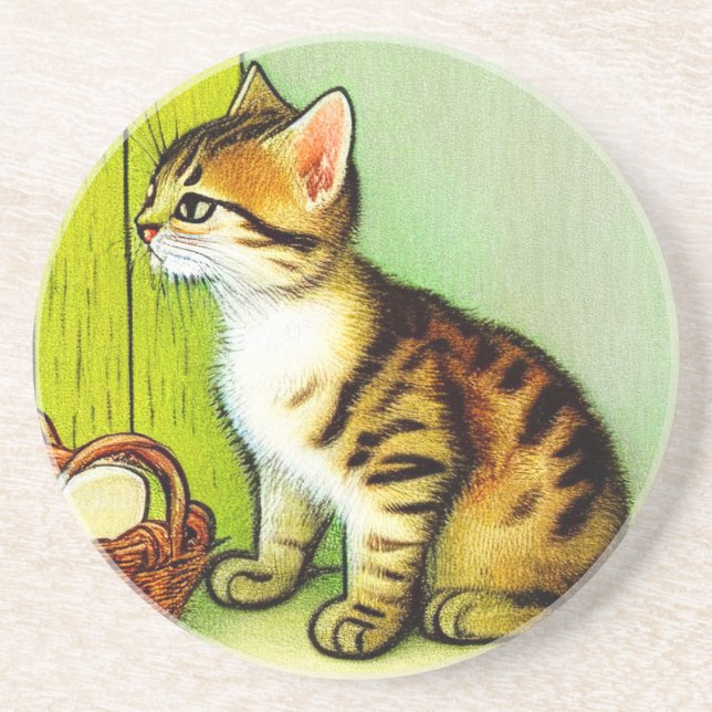 Vintage Tabby Cat Illustration Coaster (Front)