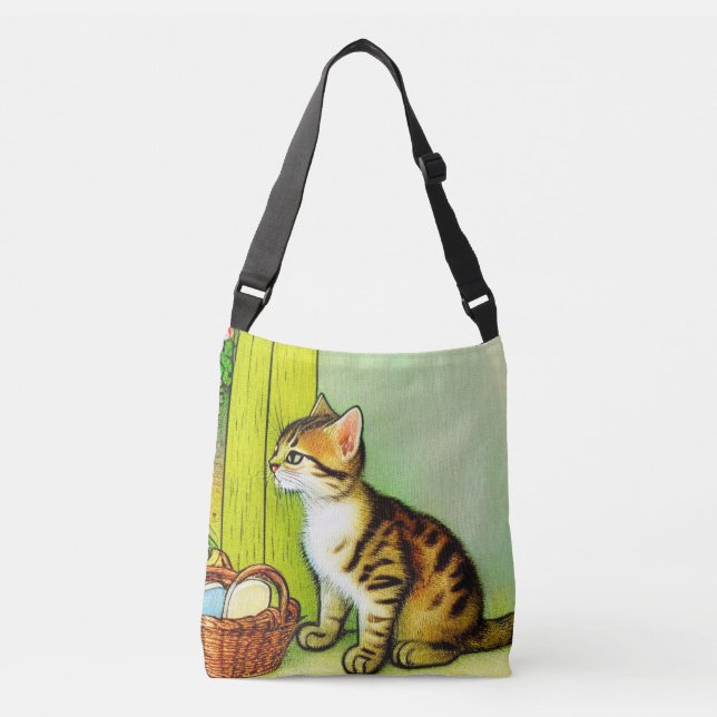 Vintage Tabby Cat Illustration Crossbody Bag (Front)