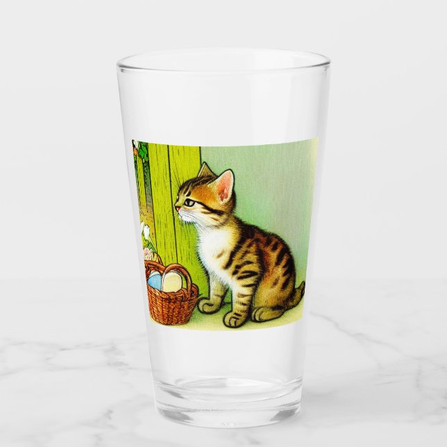 Vintage Tabby Cat Illustration Glass (Front)