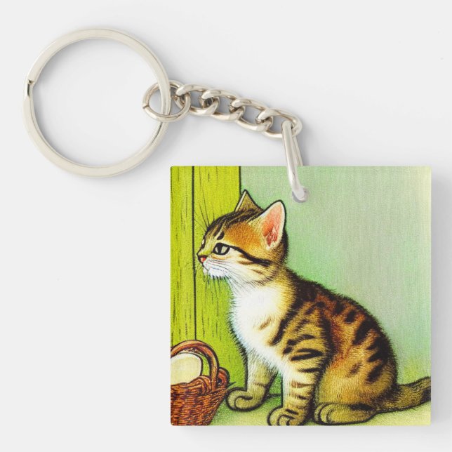 Vintage Tabby Cat Illustration Keychain (Front)