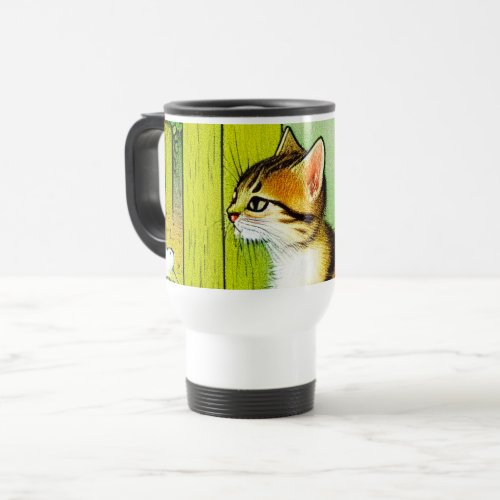 Vintage Tabby Cat Illustration Travel Mug