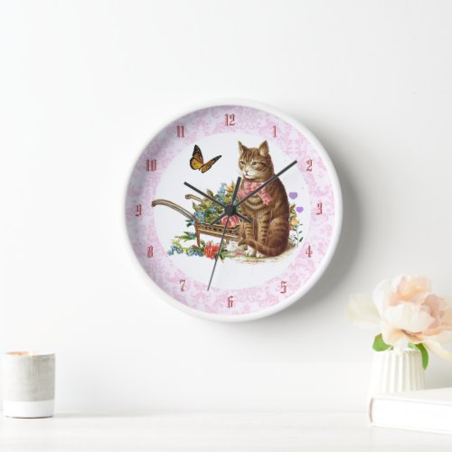 Vintage Tabby Cat Pink Roses Wood Frame Clock