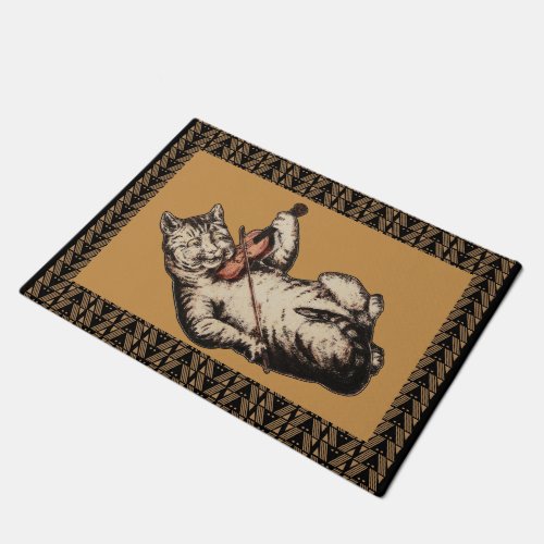 Vintage Tabby Cat Playing The Fiddle Art Doormat