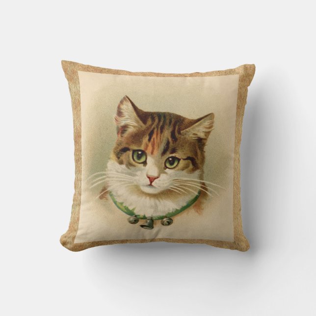 Vintage Tabby Cat Print Throw Pillow (Front)