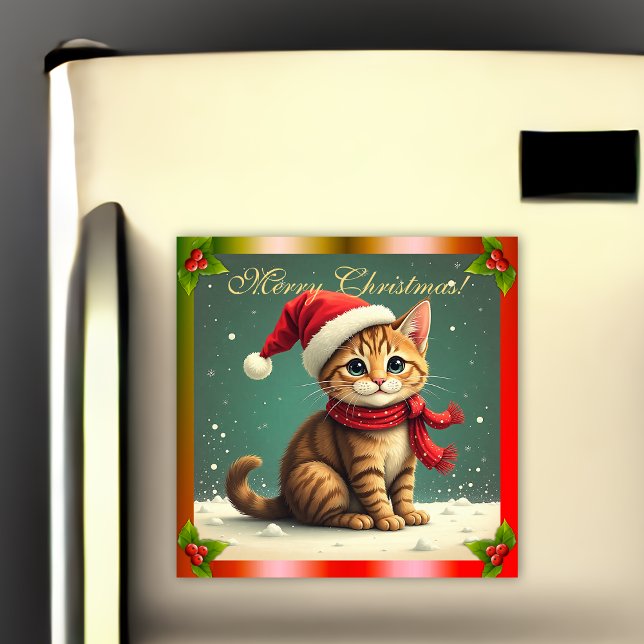 Vintage Tabby Kitten Christmas Card Magnet (Creator Uploaded)