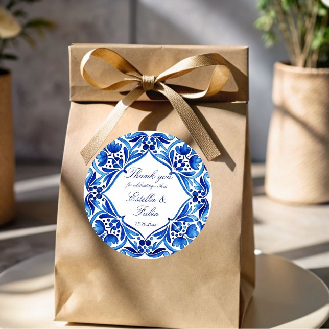 Vintage Talavera Azulejo blue tile wedding favor Classic Round Sticker (Vintage Talavera Azulejo blue tiles Mexican Spanish wedding customized thank you favor Stickers)