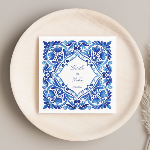 Vintage Talavera Azulejo blue tile wedding printed Napkins