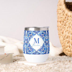 Vintage Talavera Azulejo blue tiles monogrammed Thermal Wine Tumbler