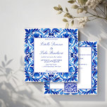 Vintage Talavera Azulejo blue tiles wedding Invitation<br><div class="desc">Vintage Talavera Azulejo Mediterranean blue and white tiles all in one wedding invitation editable template instant digital download,  all in one wedding invitation cards with wedding details and QR rsvp at the back</div>