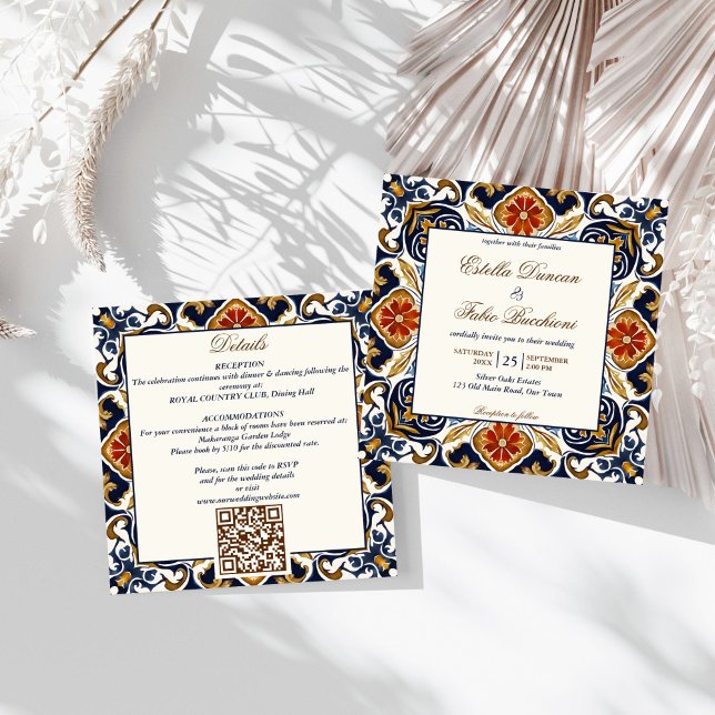 Vintage Talavera Azulejo blue tiles wedding Invitation (Vintage Talavera Azulejo Mediterranean blue tiles all in one wedding Invitation template digital)