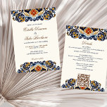 Vintage Talavera Azulejo blue tiles wedding Invitation<br><div class="desc">Vintage Talavera Azulejo Mediterranean blue brown tiles all in one wedding invitation editable template instant digital download,  all in one wedding invitation cards with wedding details and QR rsvp at the back</div>