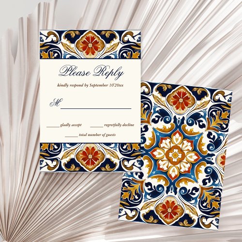 Vintage Talavera Azulejo blue tiles wedding RSVP Card