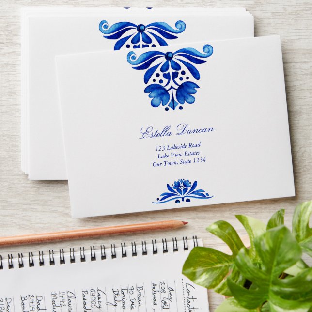 Vintage Talavera Azulejo blue wedding addressed  Envelope (Stacked)