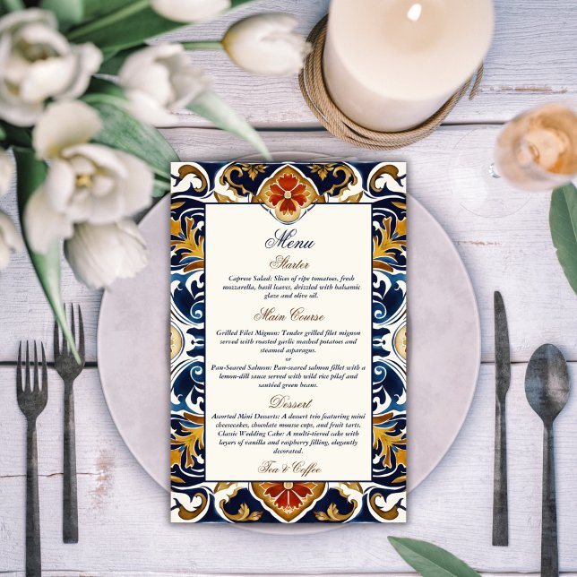 Vintage Talavera Azulejo Mexican wedding menu (Vintage Talavera Azulejo blue tiles Mexican wedding menu card personalized reception table decor)