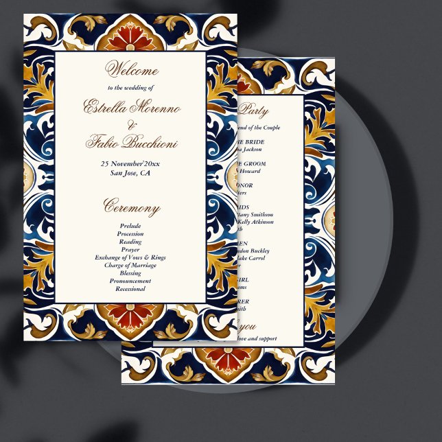 Vintage Talavera Azulejo Mexican wedding program (Vintage Talavera Azulejo blue tiles Mexican wedding program wedding day stationery)