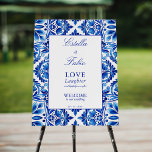 Vintage Talavera blue tiles wedding welcome sign<br><div class="desc">Vintage Talavera Azulejo Mediterranean blue and white tiles wedding welcome sign board,  personalized wedding entrance decor Mexican Spanish wedding decor Balkan folk art decor</div>