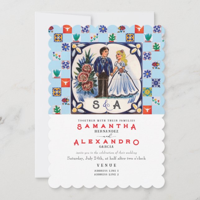 Vintage Talavera Unique B Mexican Tiles Wedding Invitation (Front)