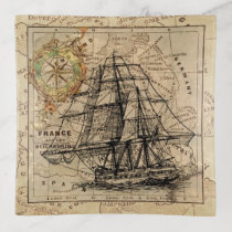 Vintage Tall Ship Map Trinket Tray Gift Idea
