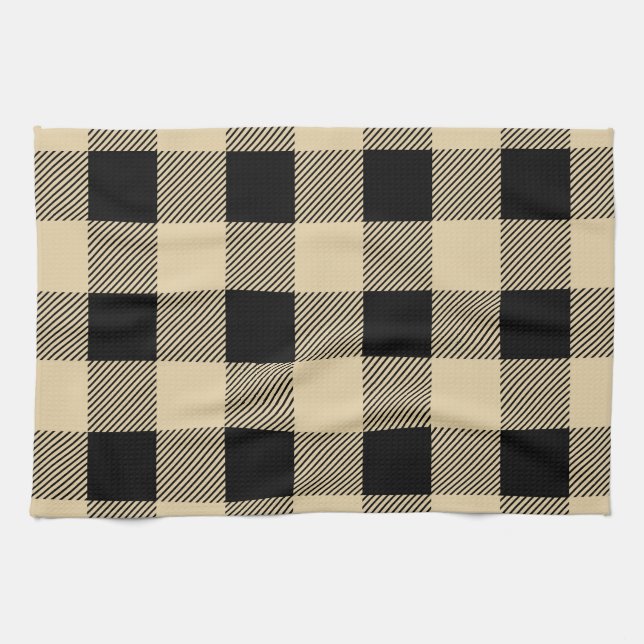 Vintage Tan and Black Buffalo Plaid Kitchen Towel (Horizontal)