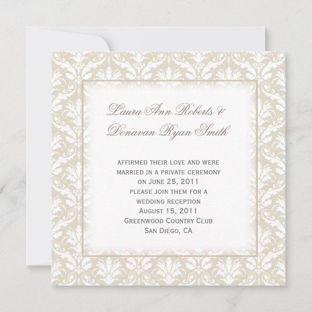 Vintage Tan and White Damask Post Wedding Invitation (Front)