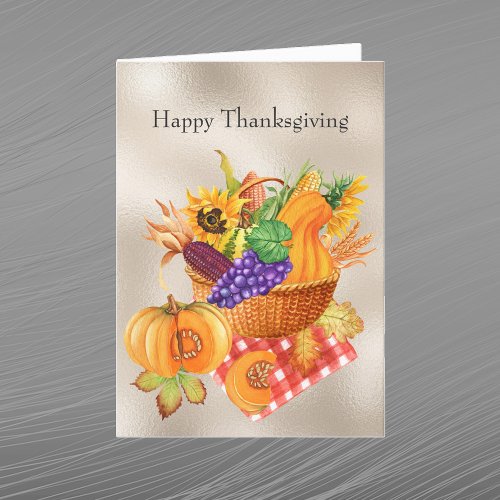 Vintage Tan Basket Vegetables Floral Thanksgiving Holiday Card
