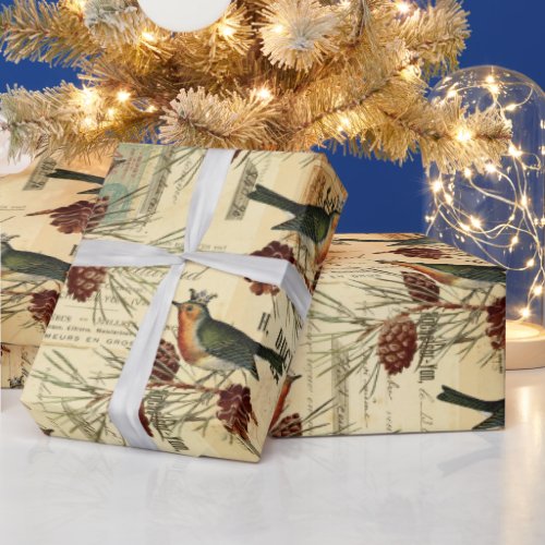 Vintage Tan Birds Pine Cones Christmas Wrapping Paper