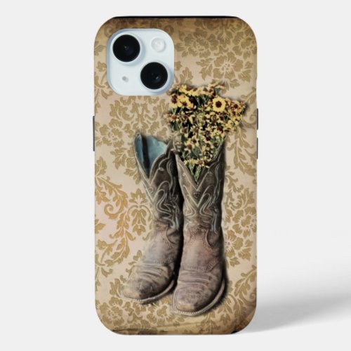 vintage tan damask western country cowboy iPhone 15 case