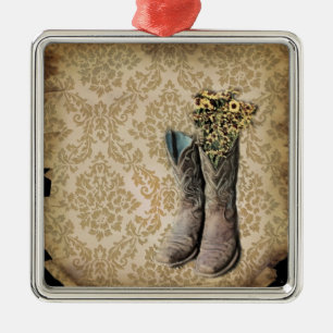 vintage tan damask western country cowboy metal ornament