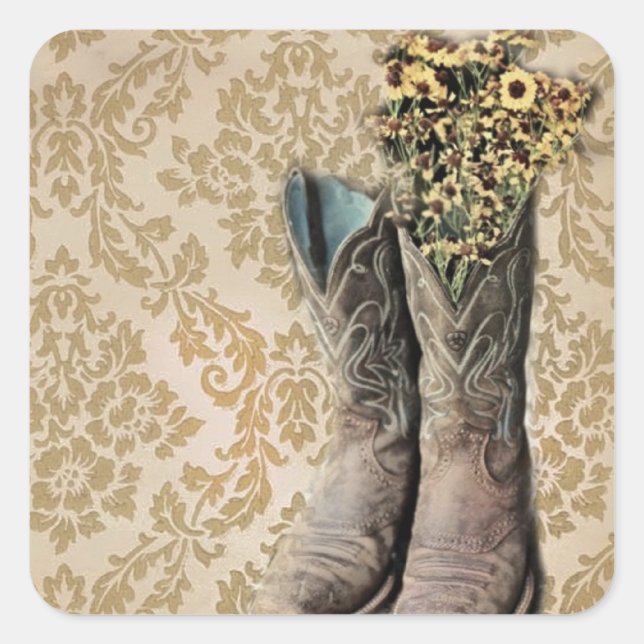 vintage tan damask western country cowboy square sticker (Front)