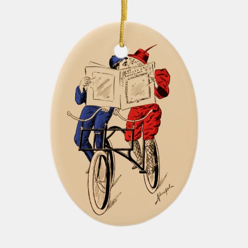 Vintage Tandem Bicycle Couple Reading Kissing Ceramic Ornament