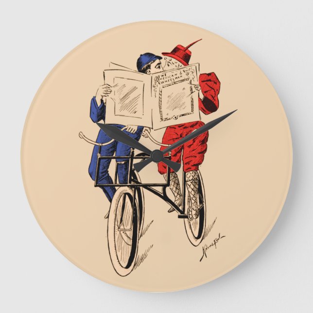 Vintage Tandem Bicycle Couple Reading Kissing Large Clock (Front)
