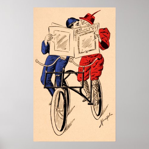 Vintage Tandem Bicycle Couple Reading Kissing Poster