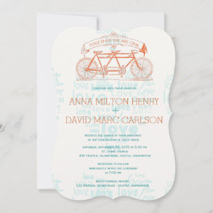 Vintage Tandem Bicycle Hearts Typography Wedding Invitation