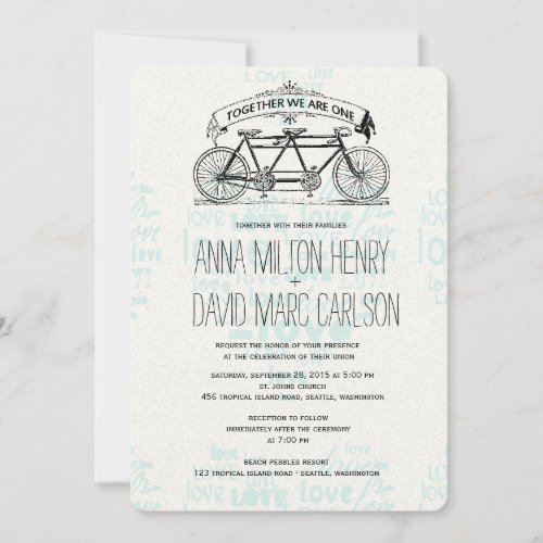 Vintage Tandem Bicycle Hearts Typography Wedding Invitation