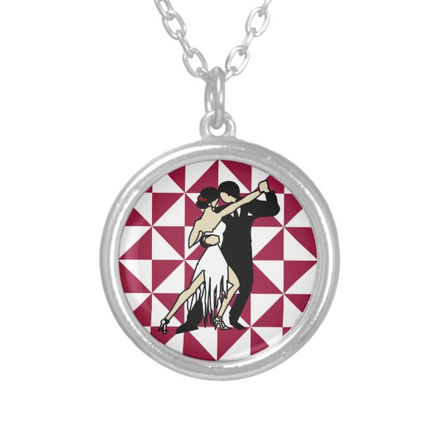 Vintage Tango Dancers on Maroon Geometric Silver Plated Necklace (Front)
