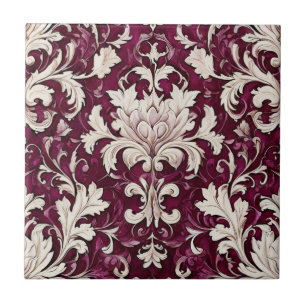 Vintage Tapestry: Burgundy & Cream Ceramic Ceramic Tile