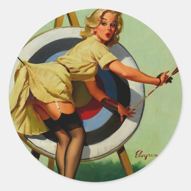 Vintage Target Archery Pinup Girl Classic Round Sticker (Front)