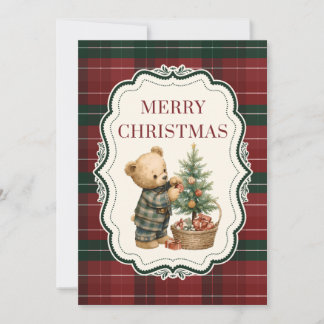 Vintage, Tartan Christmas Card with Teddy Bear