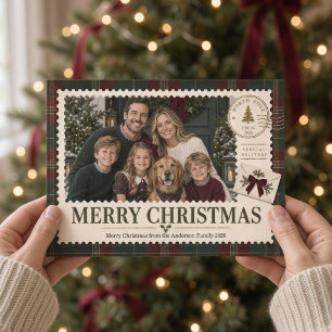 Vintage Tartan North Pole Christmas Family Photo Holiday Card