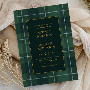 Vintage Tartan Polo Plaid Dark Green Wedding Invitation