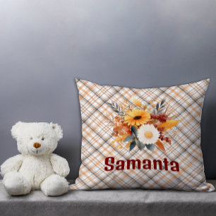 Vintage tartan watercolor wildflower burgundy name throw pillow