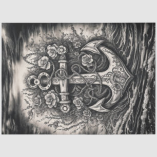 Vintage Tattoo Anchor - Black and White Decoupage Tissue Paper