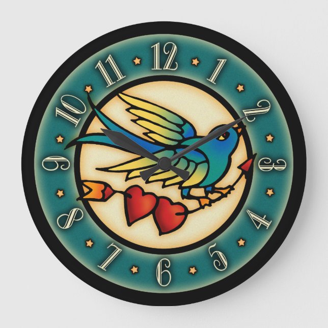 Vintage Tattoo Bird And Hearts Large Clock (Front)