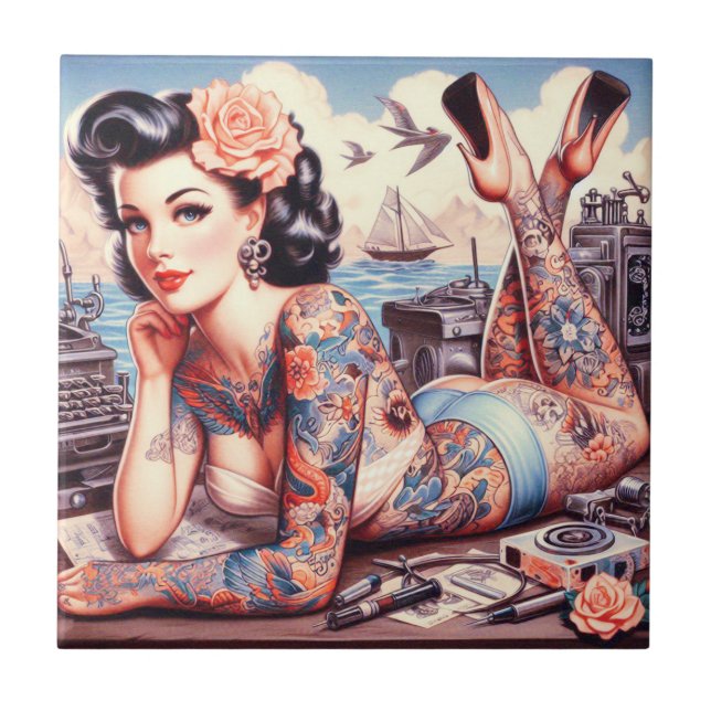 Vintage Tattoo Old School Girl Ceramic Tile (Front)