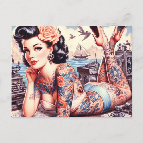 Vintage Tattoo Old School Girl Postcard