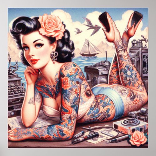 Vintage Tattoo Old School Girl Poster