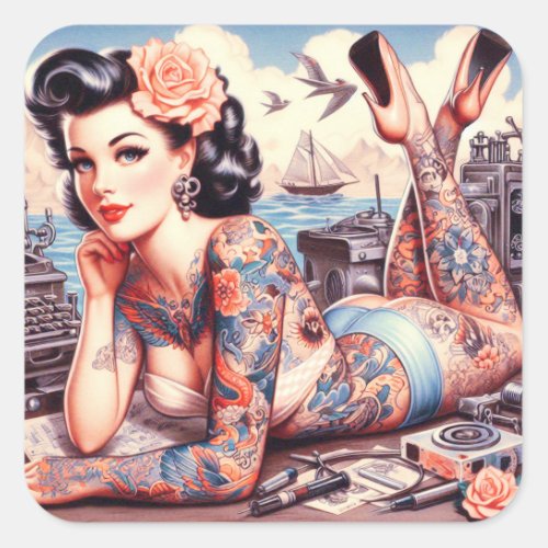 Vintage Tattoo Old School Girl Square Sticker