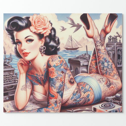 Vintage Tattoo Old School Girl Wrapping Paper